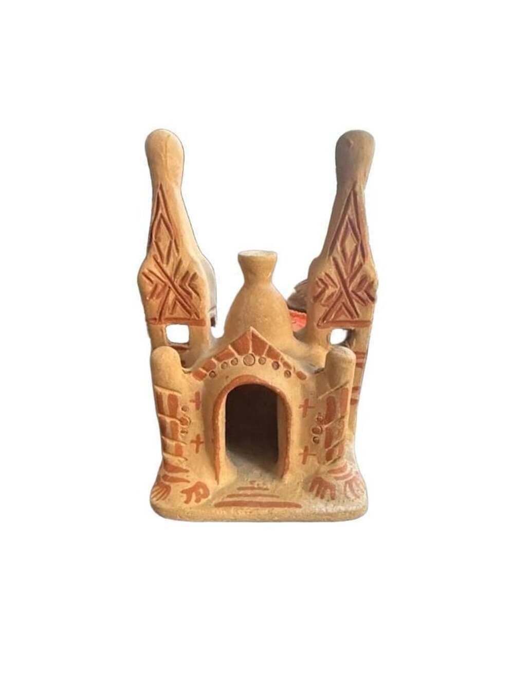 Mexican Folk Art Terracotta Handmade Clay Mission Church Sculpture, 8” x 6”